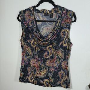 ‼️SOLD‼️Tahari Blue Fitted Sleeveless Blouse with Paisley Graphic Cowl Neckline